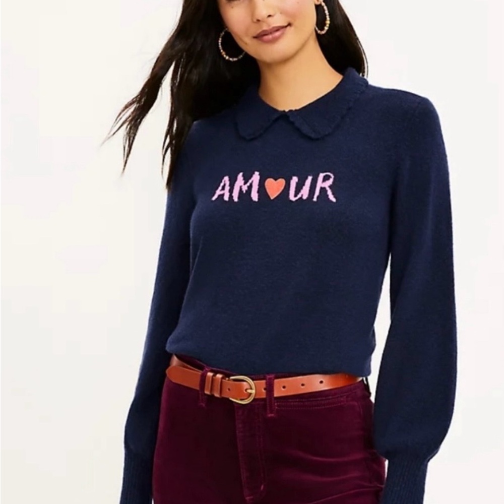 Loft Navy Blue Collared Sweater with Pink Amour Design Large Lover